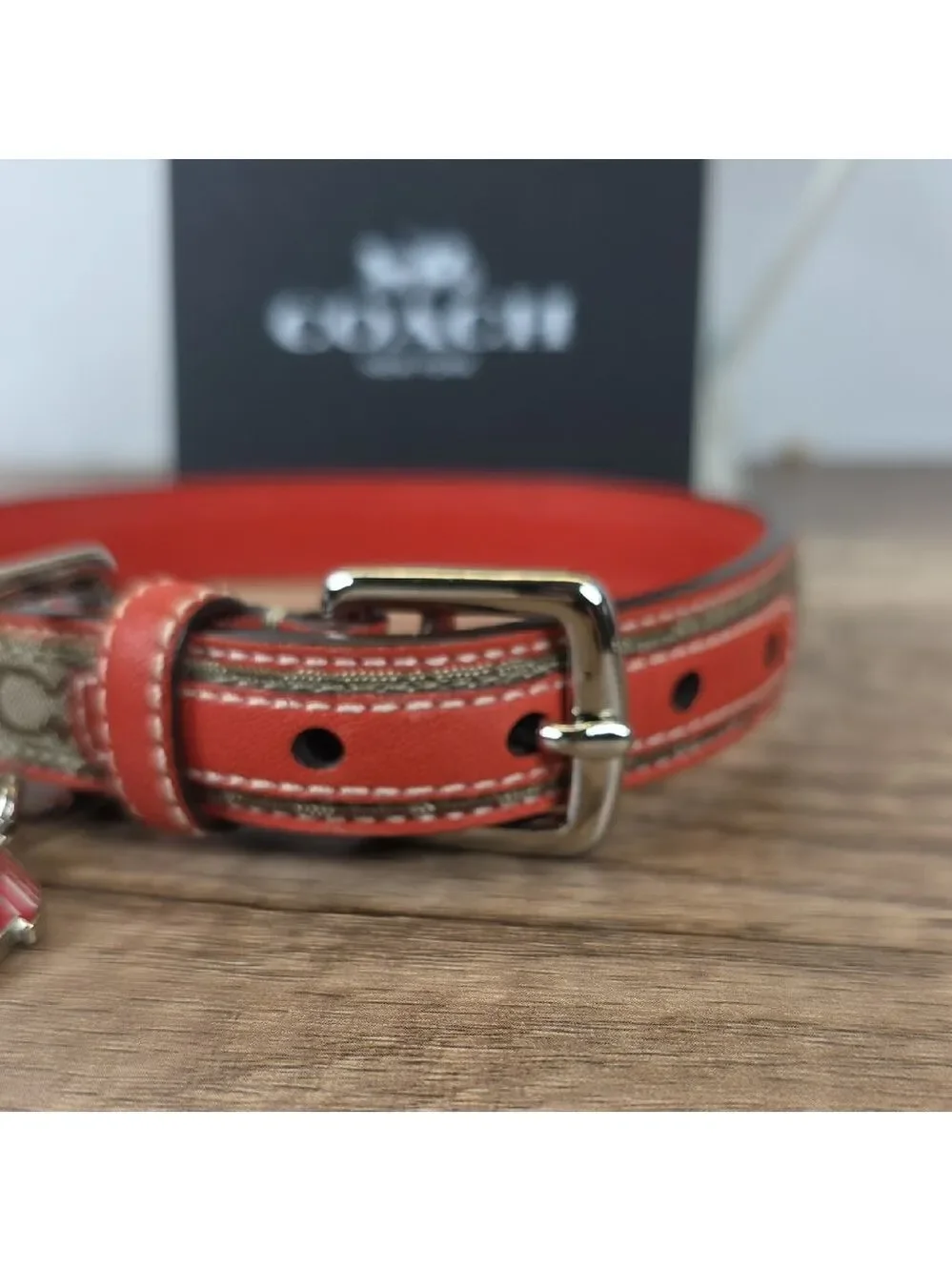 Coach Size M 60339 Red and Brown Signature Dog Collar Charm‎